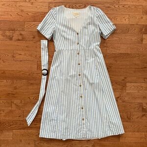 Sezane Light Blue and White Striped Midi Dress with Belt
